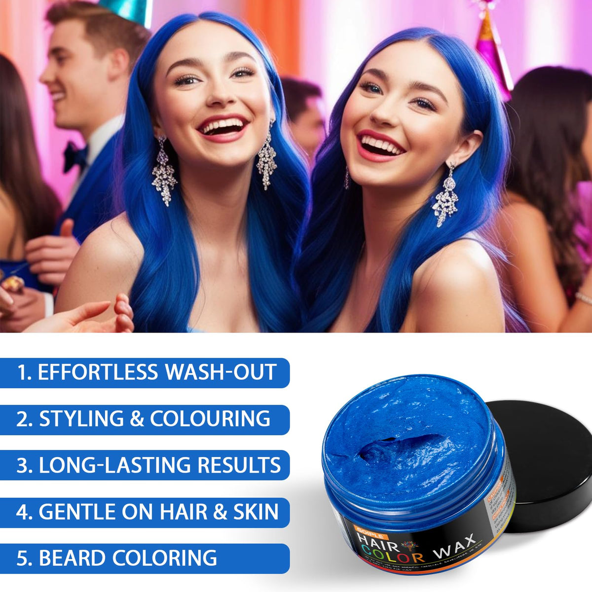 WOZUTUNT Blue Temporary Hair Color Wax Natural Hair Color Wax for Cosplay, Masquerade & Festivals Party – Easy Wash-Out Styling Pomade with Instant Results and Long-Lasting Hold