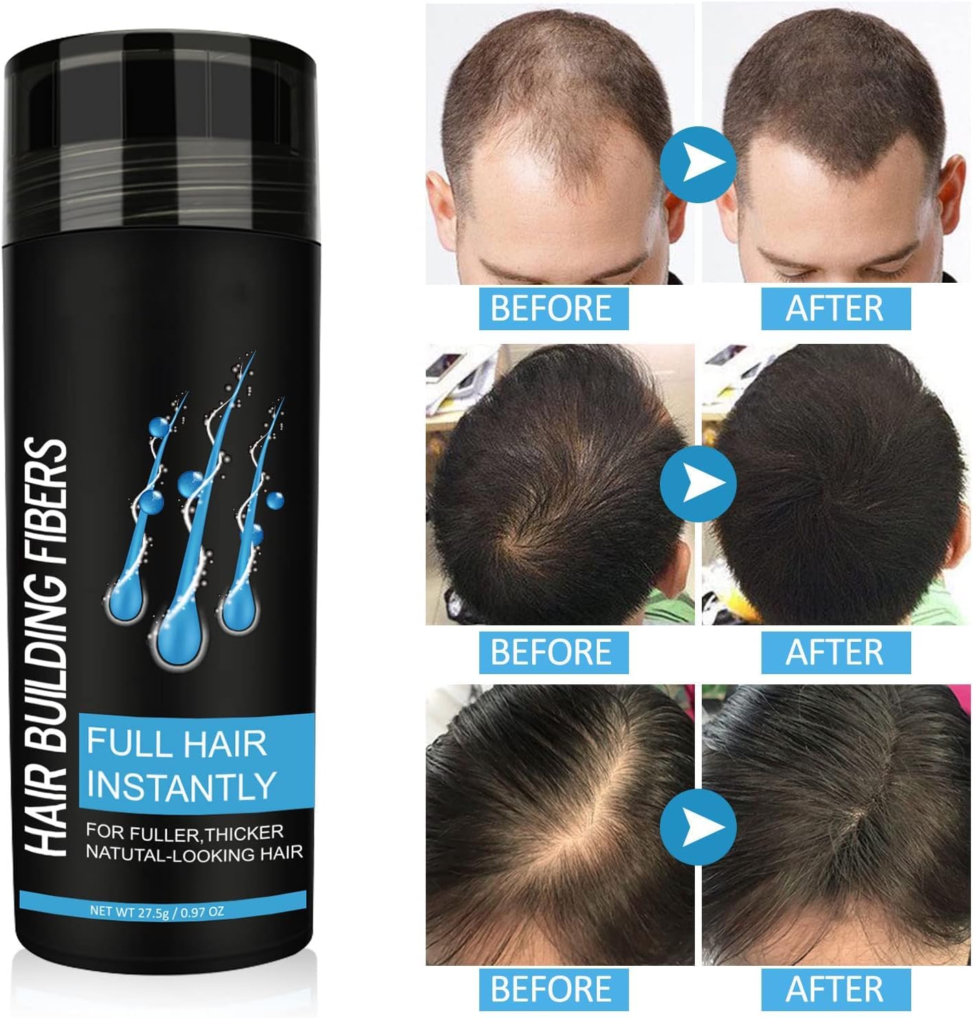 EveBeaty Black Hair Fibers for Men & Women - Professional Hair Building Powder, Hair Loss Concealer for Bald Spots & Thinning (Black)