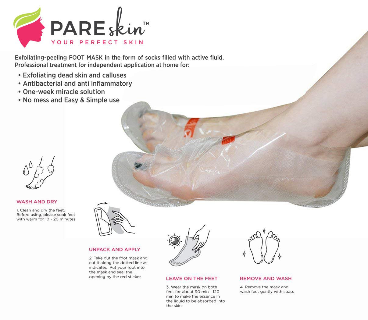 Pareskin [ 2 Pack ] Foot Peel Mask - Cracked Heels Repair for Dry Callus Dead Skin - Exfoliating Peel Remover for Baby Soft Feet