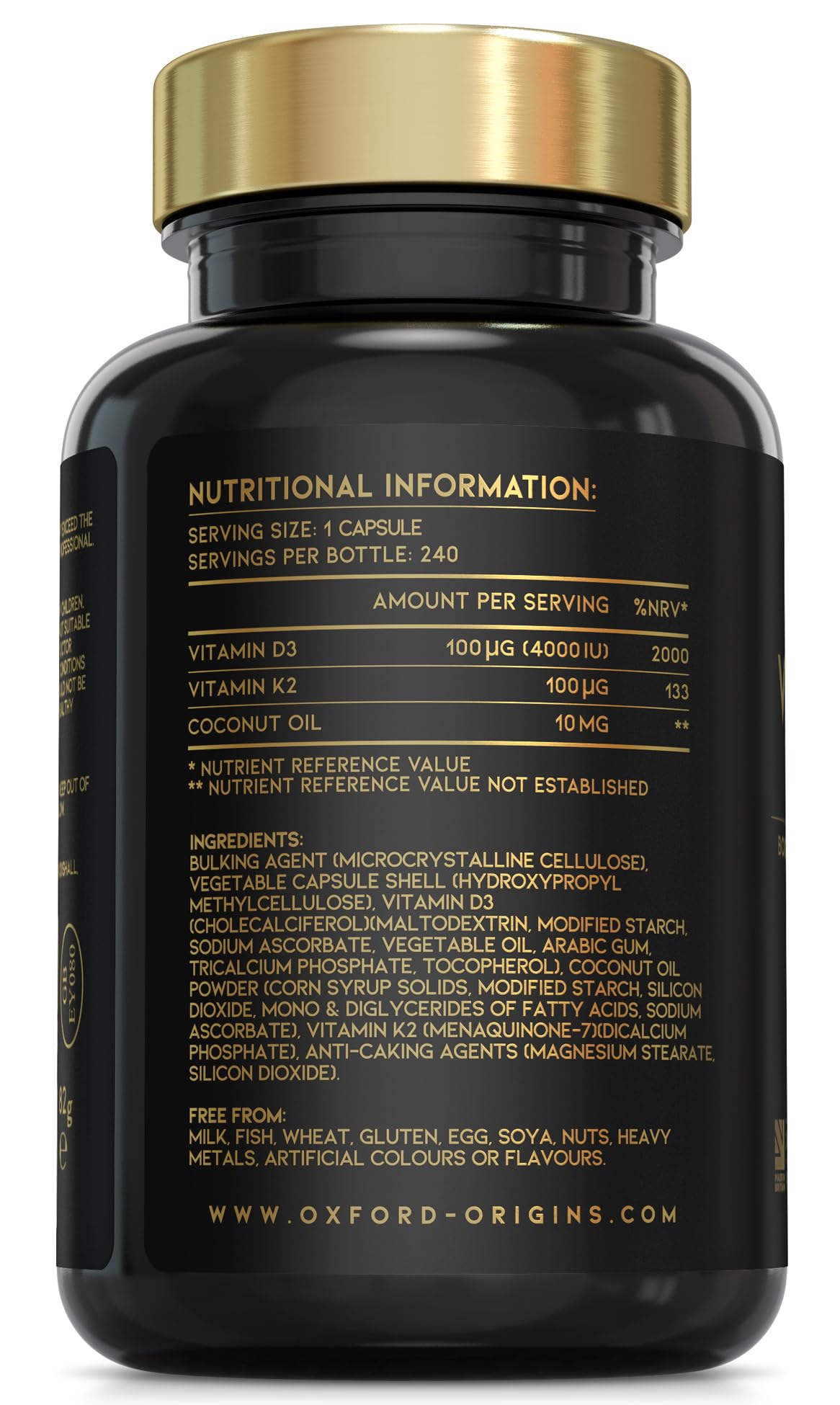 Oxford Organics Vitamin D3 K2 Capsules - 4000 IU Vitamin D & 100mcg Vitamin K MK7 - Boosted with Coconut MCTs for Absorption | 240 High Strength Vitamin D and K2 Capsules | 8 Month Supply | UK Made & Vegetarian