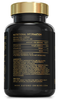 Oxford Organics Vitamin D3 K2 Capsules - 4000 IU Vitamin D & 100mcg Vitamin K MK7 - Boosted with Coconut MCTs for Absorption | 240 High Strength Vitamin D and K2 Capsules | 8 Month Supply | UK Made & Vegetarian