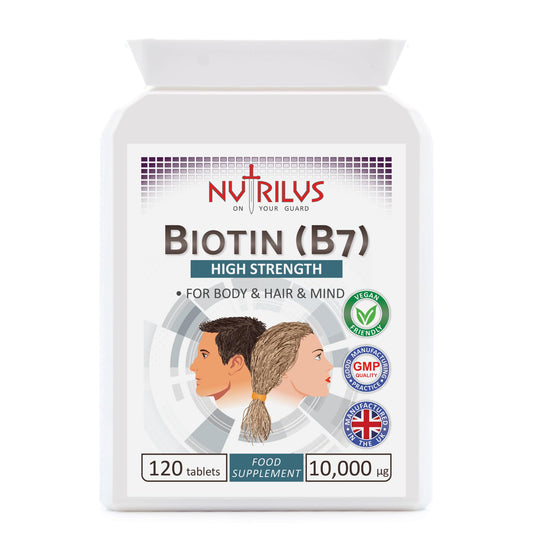 Nutrilus Biotin 120 Tablets 10,000µg - High Dose - Active D-Biotin - One-a-Day - Hair, Skin - Metabolism - Energy