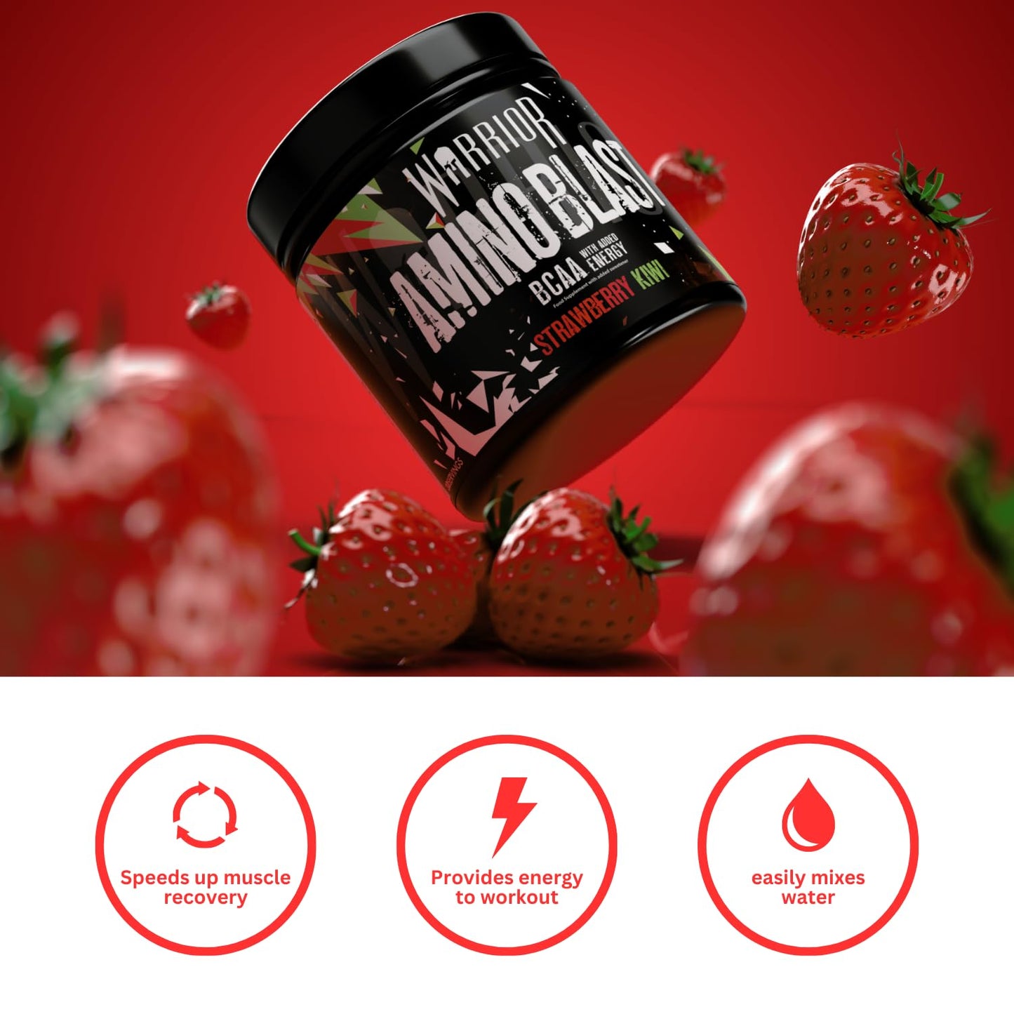 Warrior Amino Blast BCAA Powder 270g – Fruit Salad Flavour, BCAA Supplement for Muscle Recovery, Energy, Endurance, Hydration, Pre & Post Workout Nutrition - Strawberry Kiwi