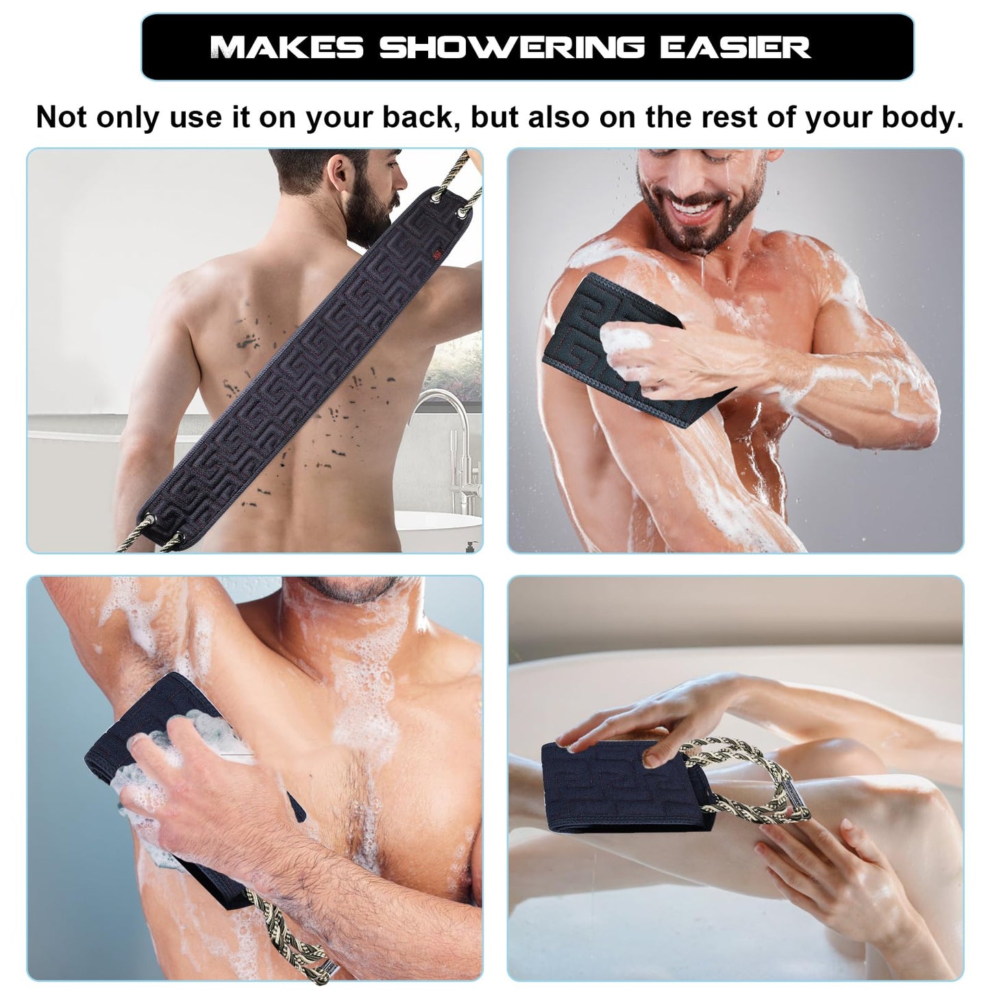 MUFEKUM Exfoliating Back Scrubber for Shower, 38.6" Double-Sided Back Scrub Washcloth with Handles Use in Shower, Body Exfoliator Bath Tool to Clean Your Body Deeply for Men Women Skin Care