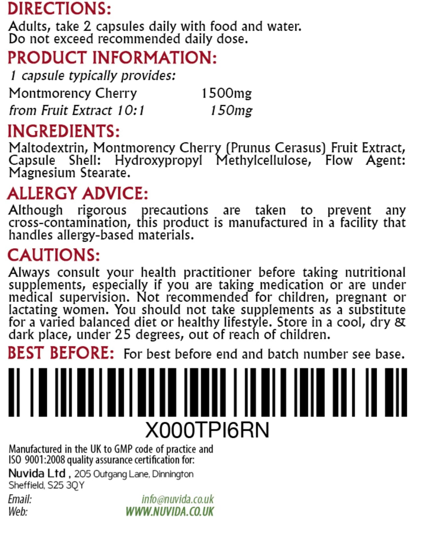 NUVIDA NATURAL HEALTH Montmorency Cherry Capsules / 90 x 1500mg / High Strength Cherry Supplement / Vegan and Vegetarian Friendly