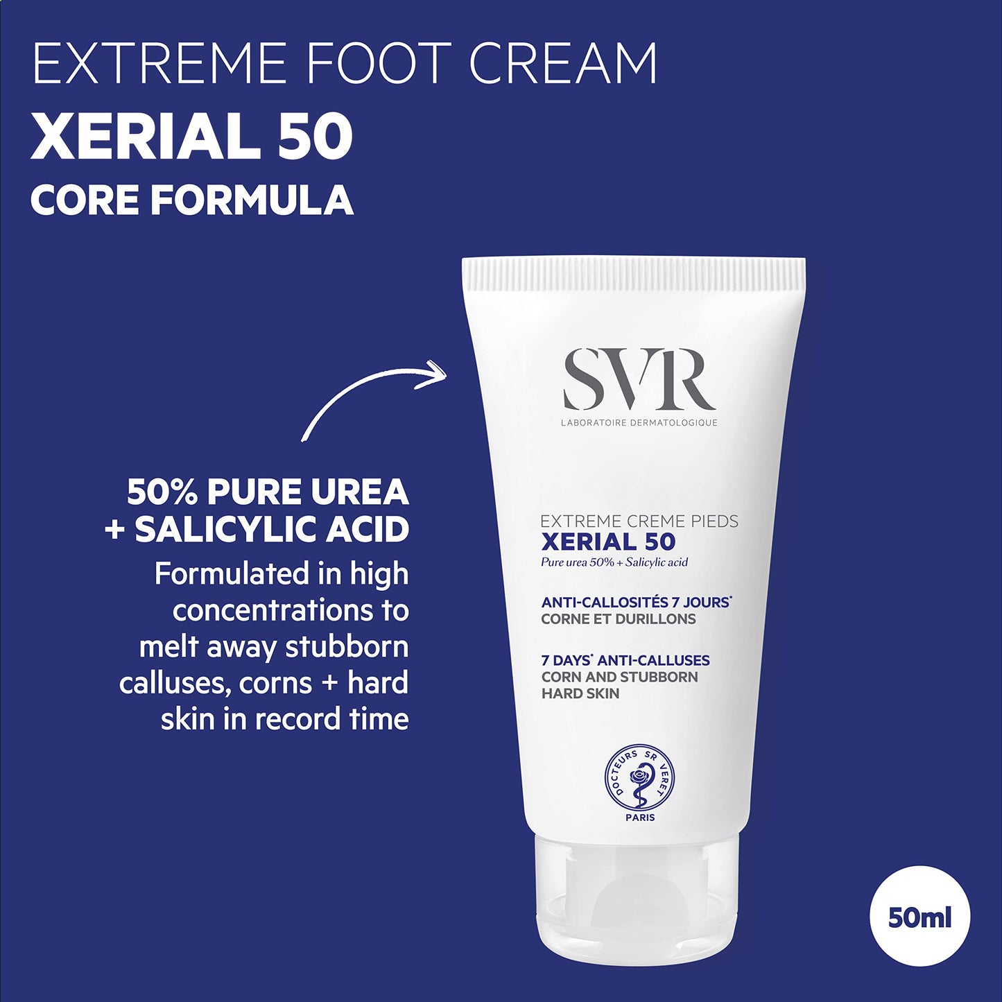 SVR XERIAL 50 Extreme Foot Cream with 50% Pure Urea for Severely Dry, Cracking, Rough, Stubborn Hard Skin Prone to Corns and Calluses, 50ml