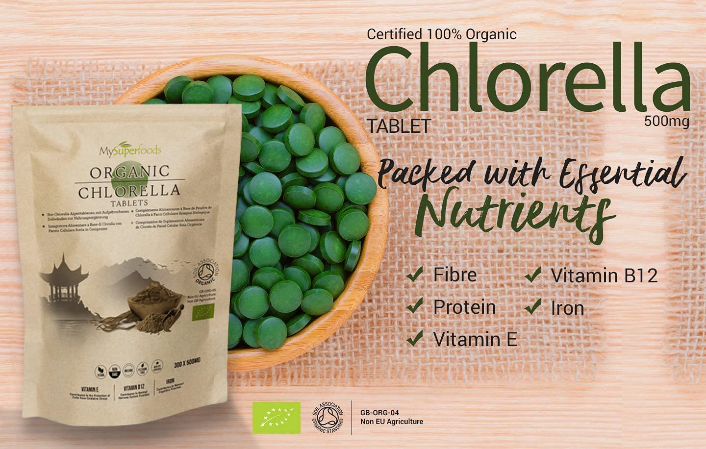 MySuperfoods Organic Chlorella Tablets (300 x 500mg), Natural Source of Protein