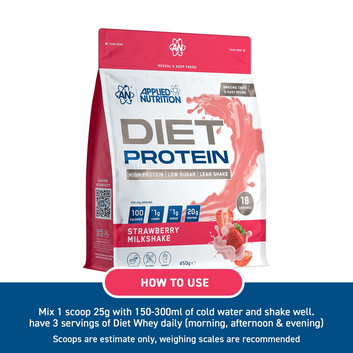 Applied Nutrition Diet Whey - High Protein Powder Supplement, Low Carb & Sugar, for Weight Management with CLA, L Carnitine, Green Tea (450g - 18 Servings) (Strawberry Milkshake)