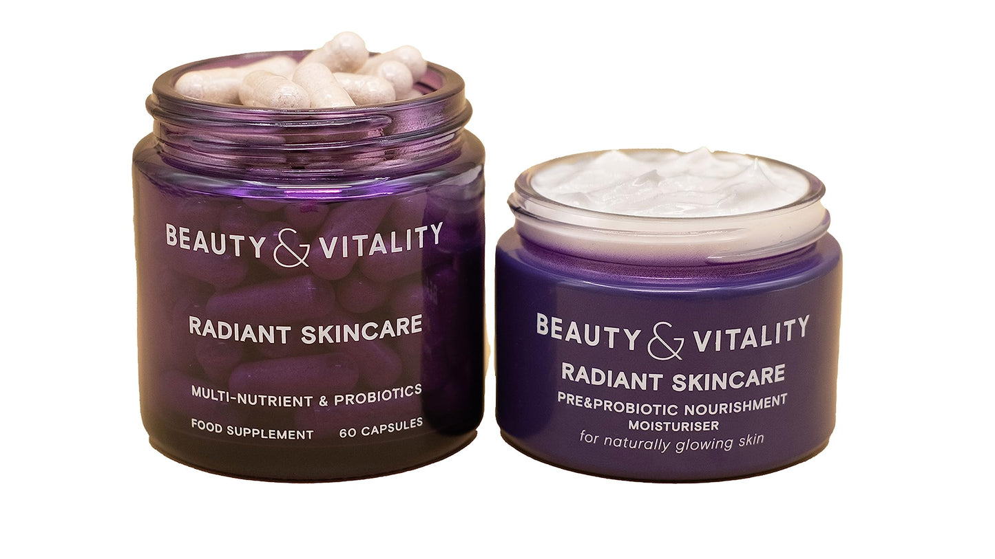 Beauty & Vitality Radiant Skincare Kit for Menopausal Skin - Probiotic Moisturiser (50ml) and Supplements (60 Capsules) for Inside-Out Rejuvenation.