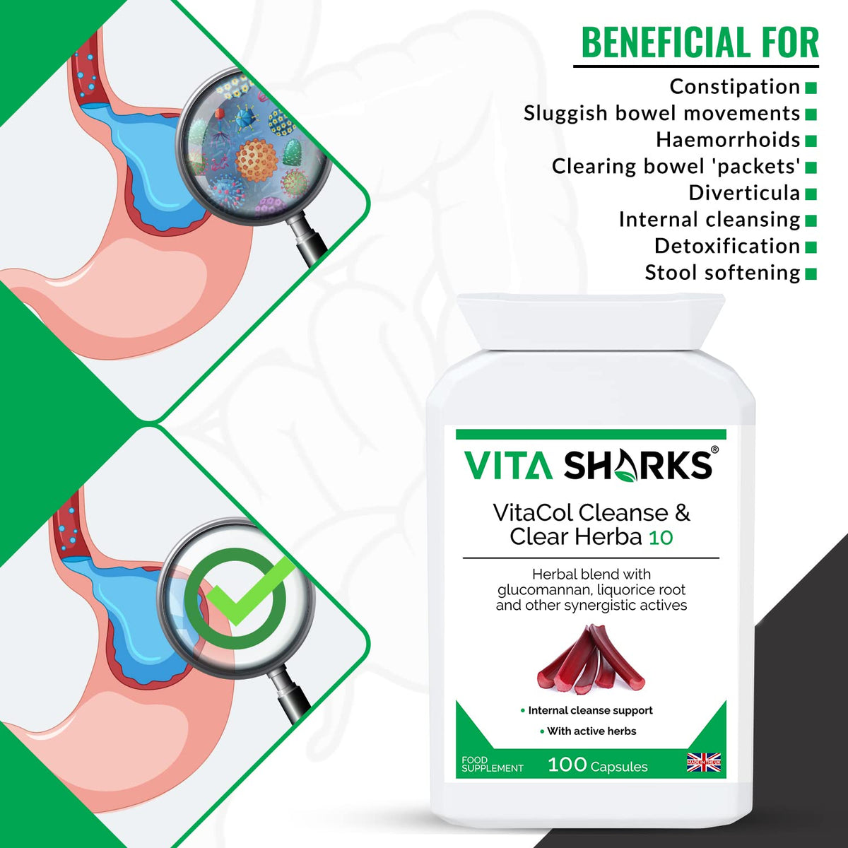 Vita Sharks VitaCol Cleanse & Clear Herba 10 | Natural Stool Softening Vegan Colon Detoxifying & Bowel Cleansing Formula. 10 Kosher, Herbal Ingredients for Faecal Regularity & Relieve Constipation