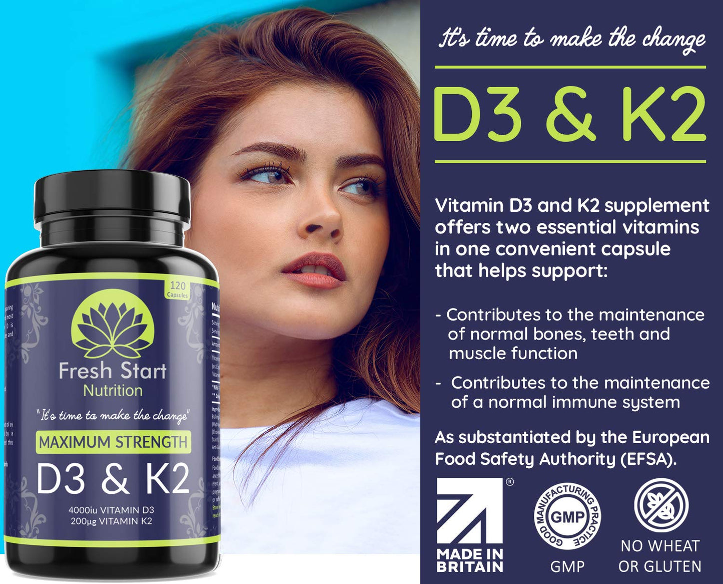 Vitamin D3 4000 IU and Vitamin K2 200µg MK7 - Vitamin D3 K2 High Strength Supplement - 120 Capsules 4 Month Supply Cholecalciferol - K2 Menaquinone-7 - Made in The UK