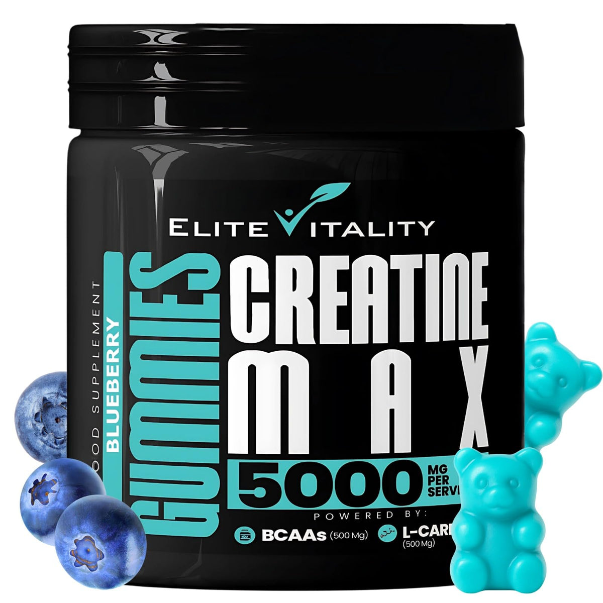 Elite Vitality Creatine Monohydrate 90 Gummies 5000mg + BCAAs & L-Carnitine – 3rd Party Lab Tested, Vegan, Sugar-Free, Pre Workout Muscle Growth & Recovery Gym Supplement for Men & Women – Tangy Blueberry Blast