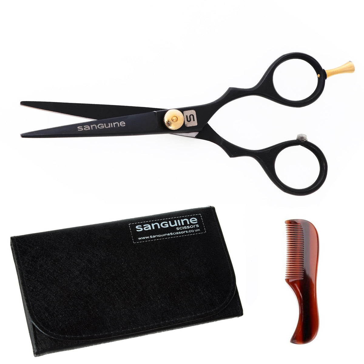 Sanguine Professional Moustache Scissors, Beard Trimming Scissors, Japanese Convex Mustache Blades - 4.5 inch - Case, Comb Included