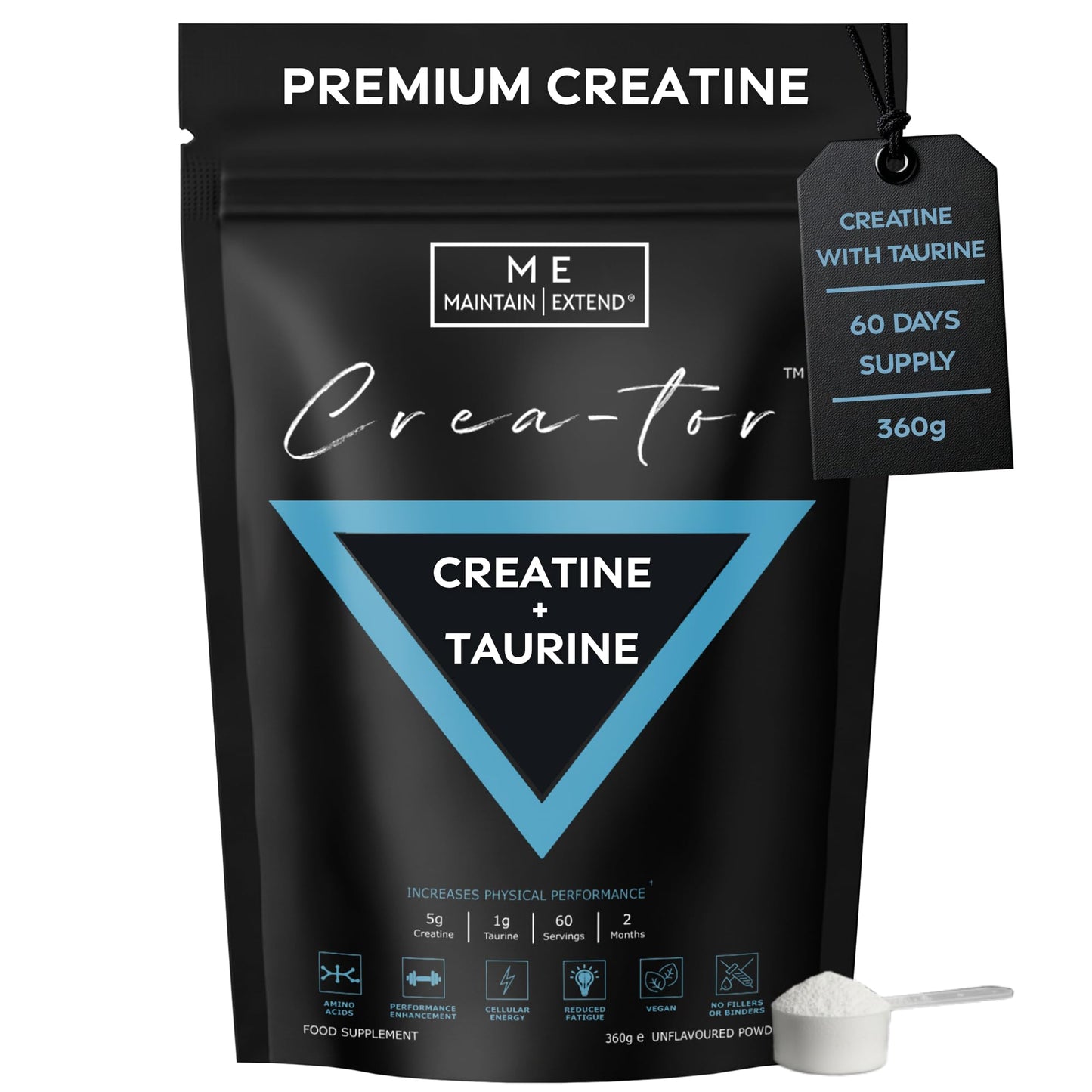 ME MAINTAIN | EXTEND Creatine Monohydrate Powder with Taurine 360g, Micronized Vegan 60 Servings