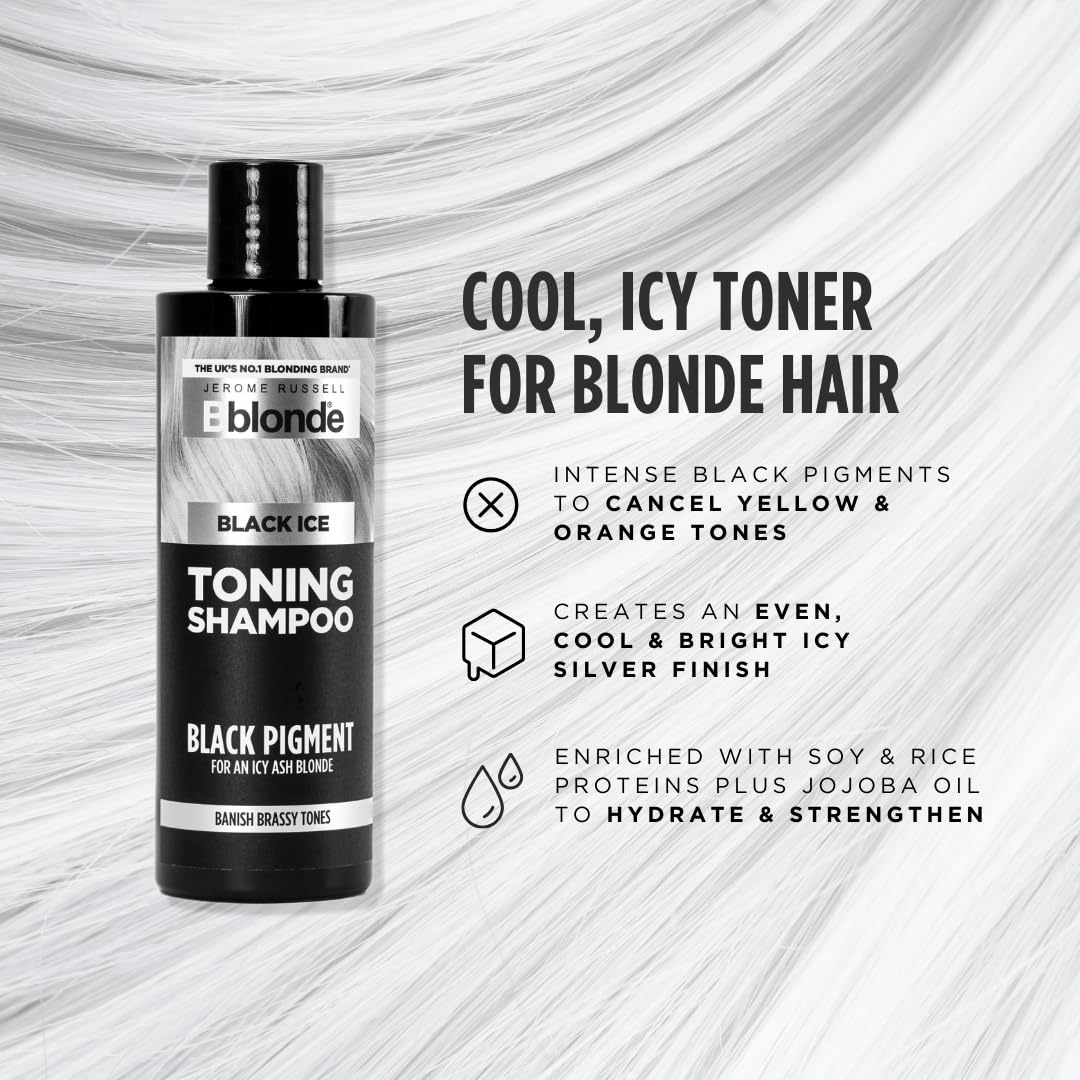 Jerome Russell Bblonde BLACK ICE Toning SHAMPOO | Neutralises Yellow & Orange Tones for Icy Silver Blonde Finish | Nourishing Formula with Soy, Rice Proteins & Jojoba Oil | Sulphate-Free | 250ml
