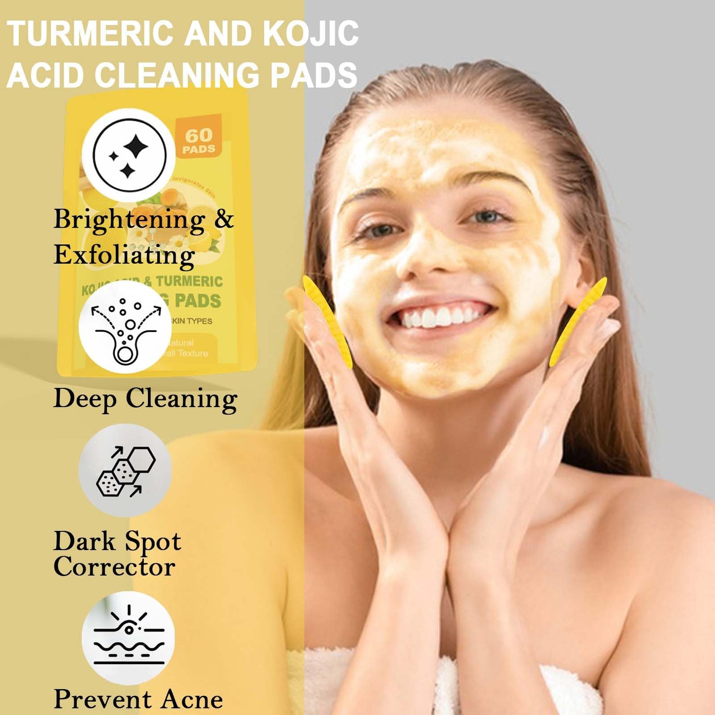 ZTSMSWY Turmeric Kojic Acid Pads,Kojic Acid and Turmeric Pads,Turmeric Kojic Acid Pads Exfoliating Pads, Turmeric Kojic Acid Cleansing Pads for Dark Spots 60 Pads