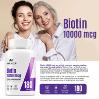 MAX VITA MAXIMUM VITALITY Biotin 10,000mcg High Strength Supplement for Men and Women|Supports Healthy Hair, Skin & Nails|180 Vegetarian Tablets (Non-GMO, Gluten Free) Made in The UK