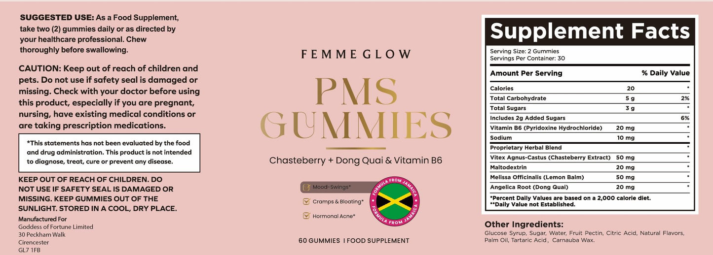 FEMME GLOW Femme Glow PMS Gummies with Chasteberry, Dong Quai and Vitamin B6, 30 Day Supply, 60 Gummies