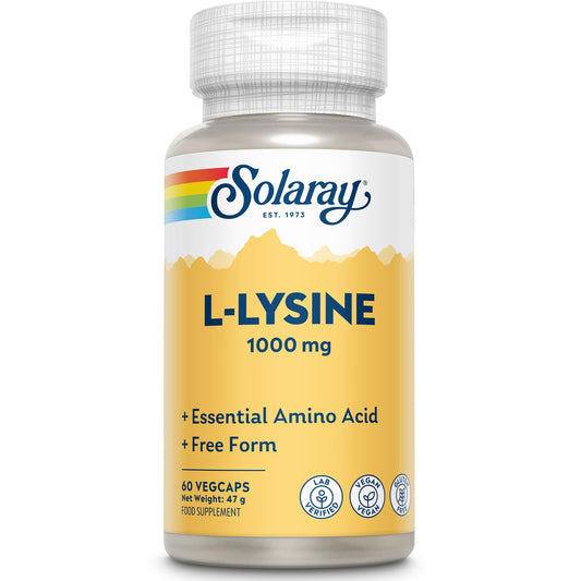 SOLARAY L-Lysine 1000mg - 60 Vegan Capsules not Powder - Double Strength l Lysine - Amino Acid Supplement - Non GMO & Lab Verified - Solaray