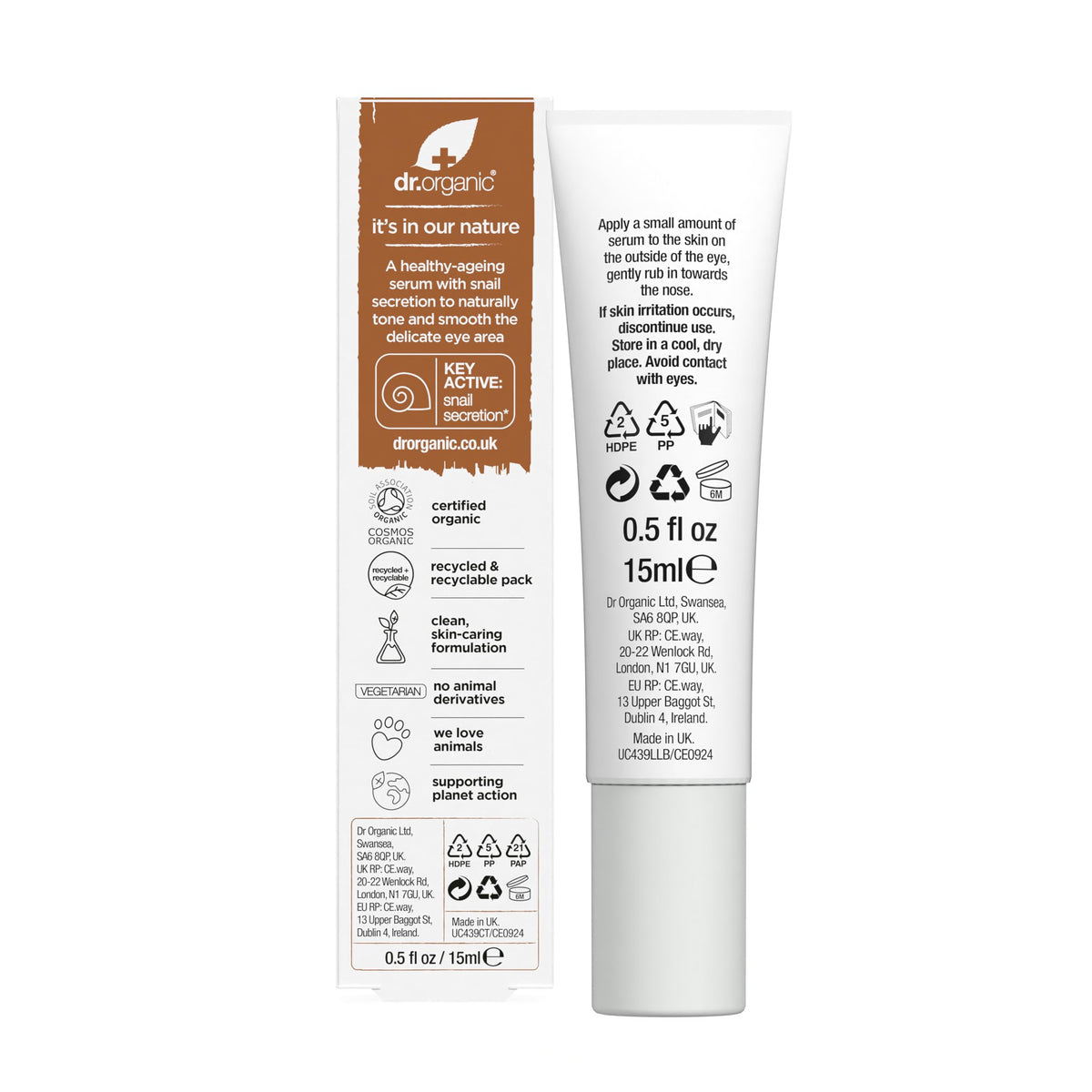 Dr. Organic Dr Organic Snail Gel Eye Serum, Healthy-Aging, Fine Lines, Mens, Womens, Natural, Vegetarian, Cruelty-Free, Paraben & SLS-Free, Recycled & Recyclable, Organic, 15ml, Packaging may vary