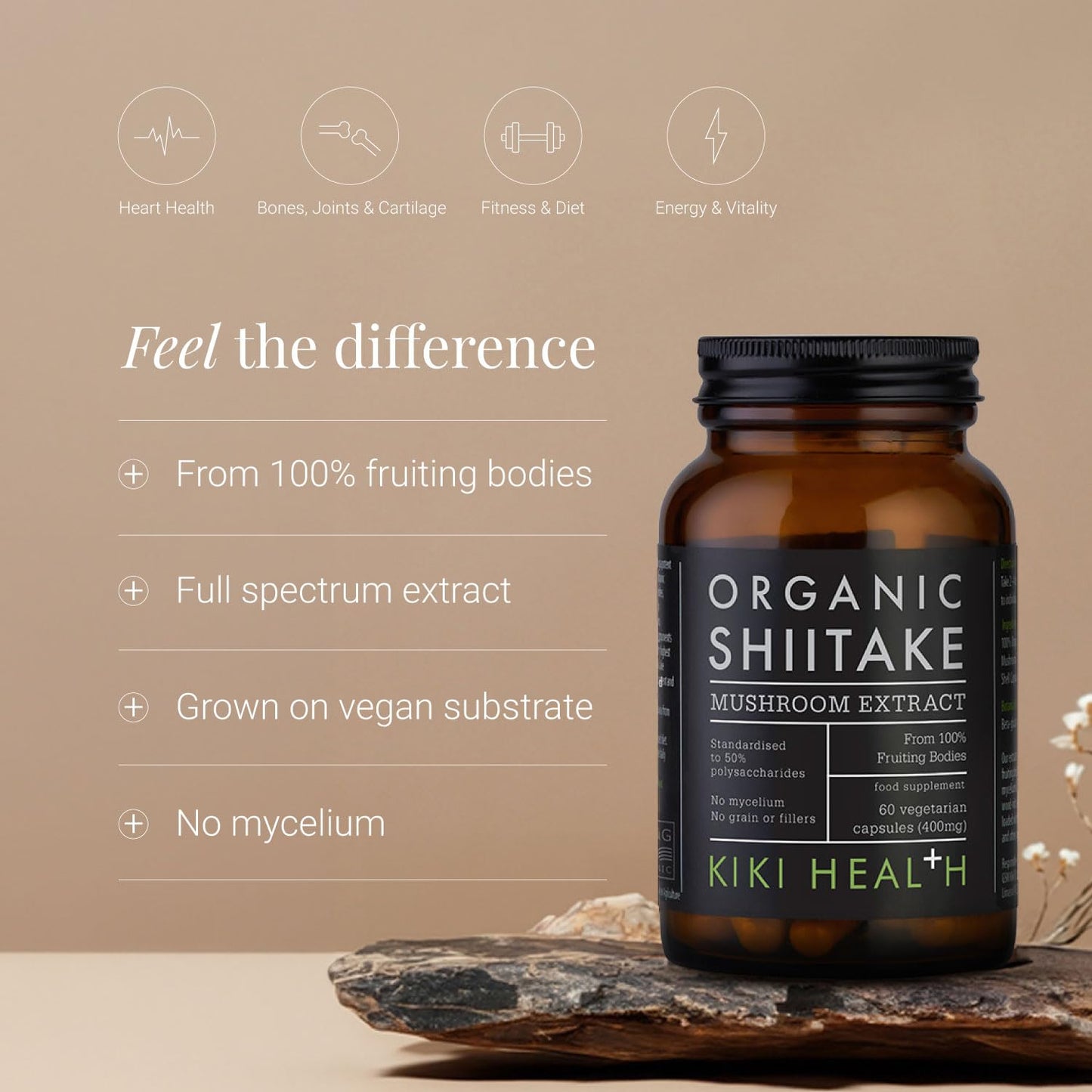KIKI HEALTH KIKI Health - Organic Shiitake, Full-Spectrum Mushroom Extract - Standardised to 50% Polysaccharides - Made from 100% Fruiting Bodies - Natural Extract - 60 Veg Capsules