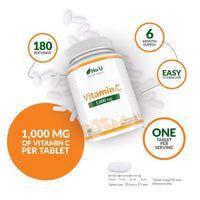 Nu U Nutrition - Vitamin C 1000mg - 180 Vegan Tablets - 6 Month Supply - High Strength Ascorbic Acid - Made in the UK