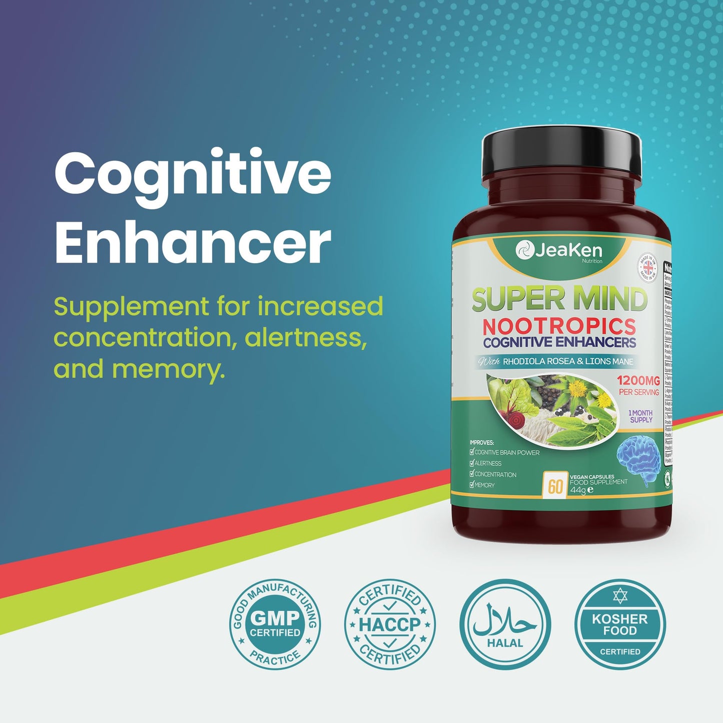 JeaKen - Super Mind Nootropics Supplements, Beetroot Capsules with Rhodiola Rosea, Lions Mane, L-Theanine and More, Boosts Focus, Alertness and Memory, 1200mg per Serving, 60 Vegan Capsules