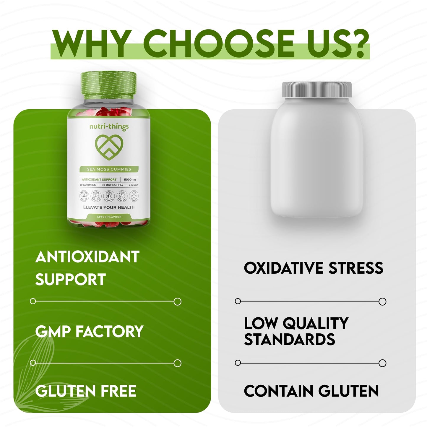 Nutri-things Sea Moss Gummies - Premium 5000mg Complex, Antioxidant & Immune Support with Vitamin C & D, Natural Apple Flavor, Strict Quality Standards, Convenient 30-Day Supply