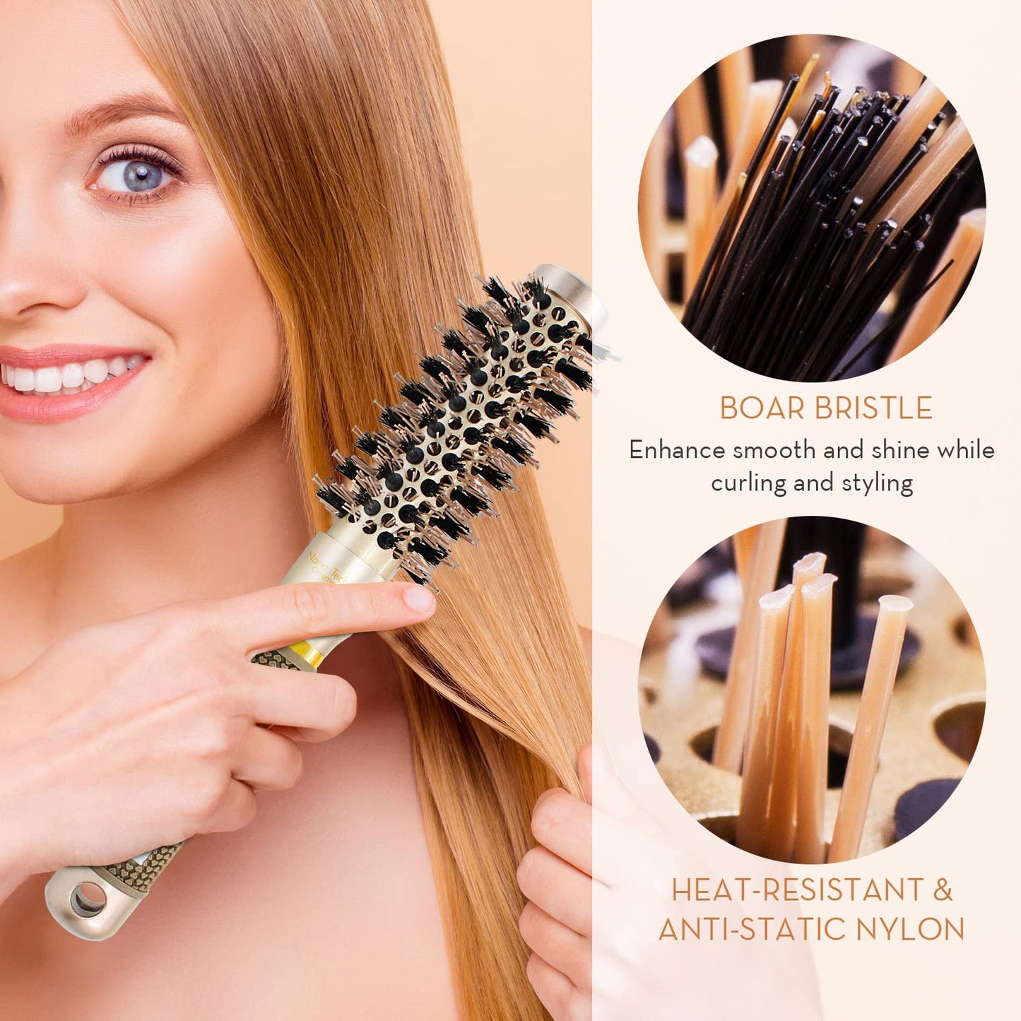 AIMIKE Round Hair Brush, Nano Thermal Ceramic & Ionic Tech Hair Brush, Small Round Brushes w/Boar Bristles for Blow Drying, Enhance Texture for Hair Drying, Styling, Curling and Shine (Barrel 1 inch)