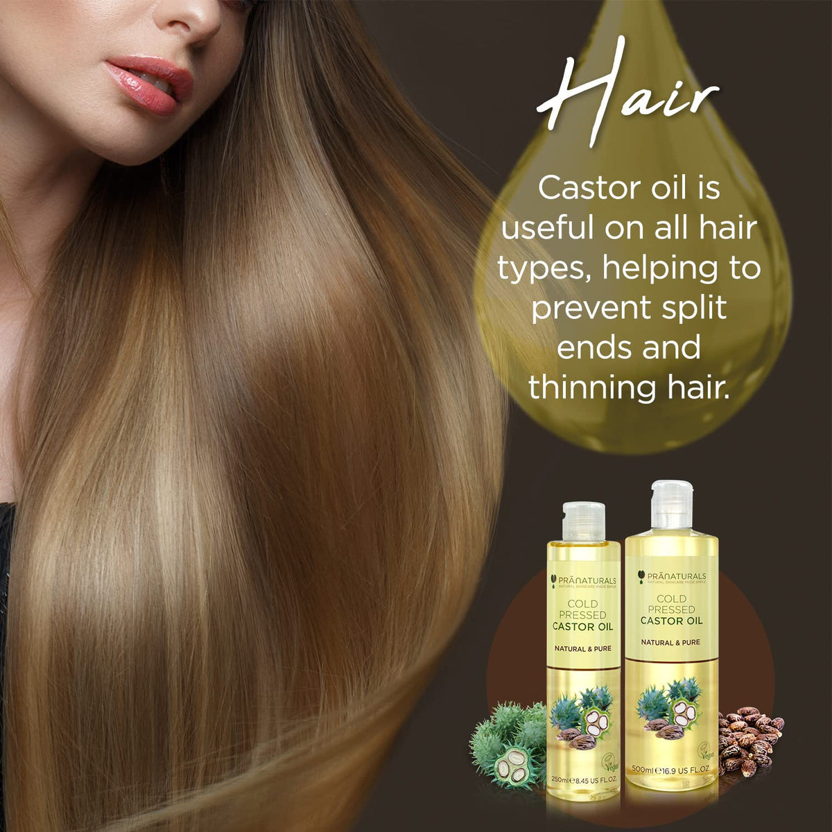PraNaturals Cold Pressed Castor Oil 500ml - 100% Natural, Vegan & Pure, for Hair, Eyebrows & Eyelash Growth, Softer Skin & Face, Rich In Omega-6, Omega-9 & Essential Fatty Acids