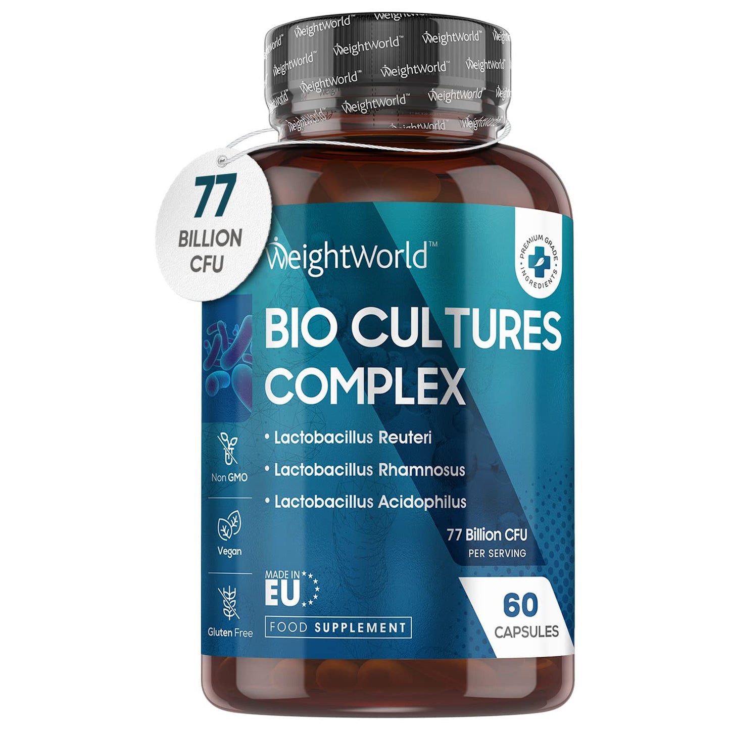 Bio Cultures Complex Probiotics and Prebiotics - 77 Billion CFU - 20 Live Bacterial Cultures - 60 Probiotic Complex Capsules for Women & Men - Lactobacillus Acidophilus, Gasseri, Rhamnosus & Reuteri