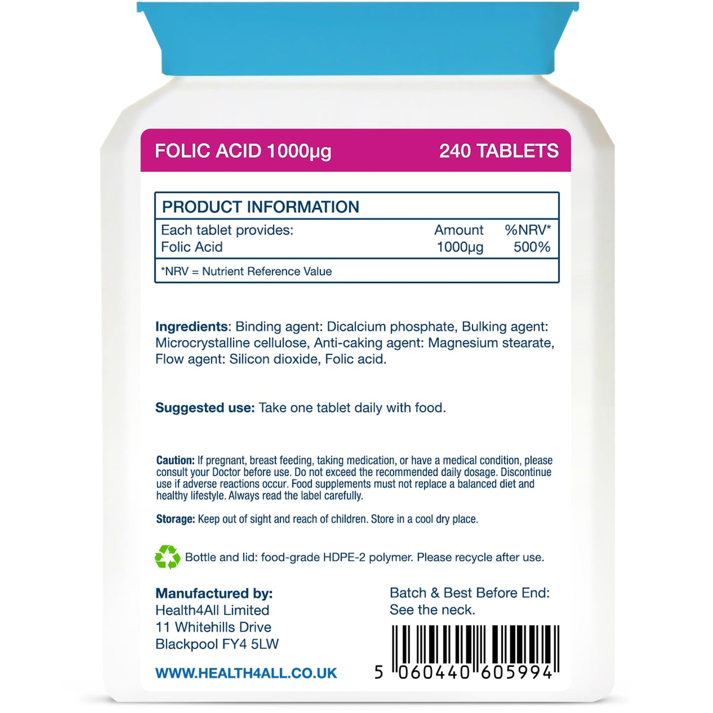 Health4All Folic Acid 1000mcg 240 Tablets (8-Month Supply) - Supports Healthy Prenatal Development - UK Made Vegan Folic Acid High Strength Vitamin B9 Tablets