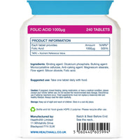 Health4All Folic Acid 1000mcg 240 Tablets (8-Month Supply) - Supports Healthy Prenatal Development - UK Made Vegan Folic Acid High Strength Vitamin B9 Tablets