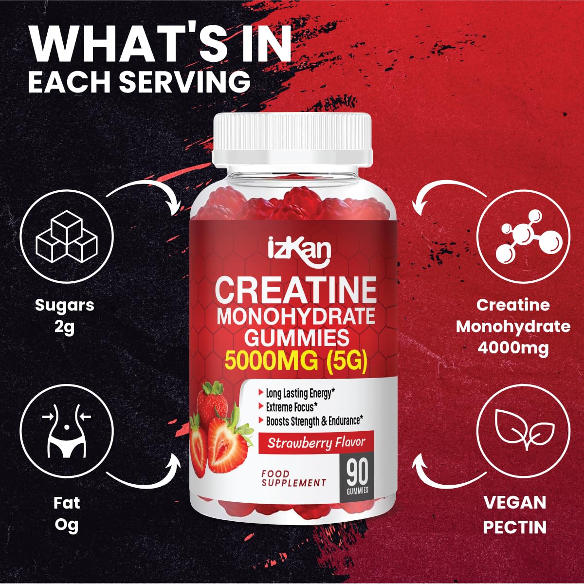 Izkan Creatine Gummies 5000mg (5G) for Men & Women - 90 Chewable Creatine Monohydrate Gummies Strawberry Flavoured | Pre Workout Gym Supplement| Muscle Boost| 3 Per Day - Vegan & Halal (1X)