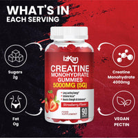 Izkan Creatine Gummies 5000mg (5G) for Men & Women - 90 Chewable Creatine Monohydrate Gummies Strawberry Flavoured | Pre Workout Gym Supplement| Muscle Boost| 3 Per Day - Vegan & Halal (1X)