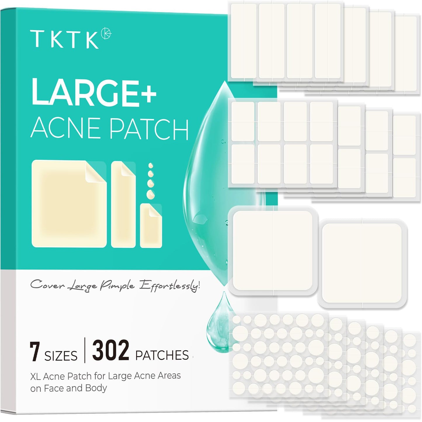 TKTK Large Pimple Patches for Face & Body Zit Breakouts, 7 Sizes 302 Count