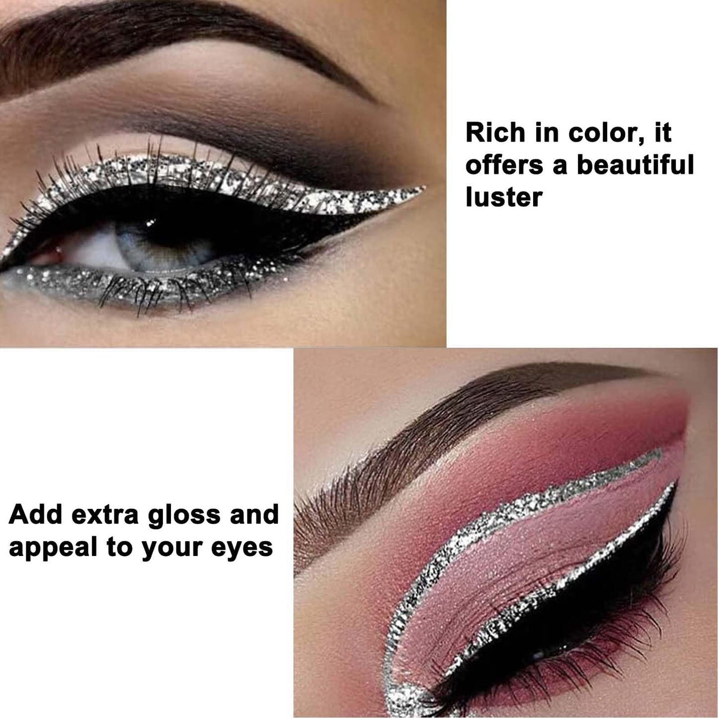 FresFresi Smudge-proof Silver Glitter Eyeliner - Liquid Glitter Eyeshadow with Waterproof Sparkle for Long-Lasting Eye Makeup - Quick Dry Shimmer Liner for Women