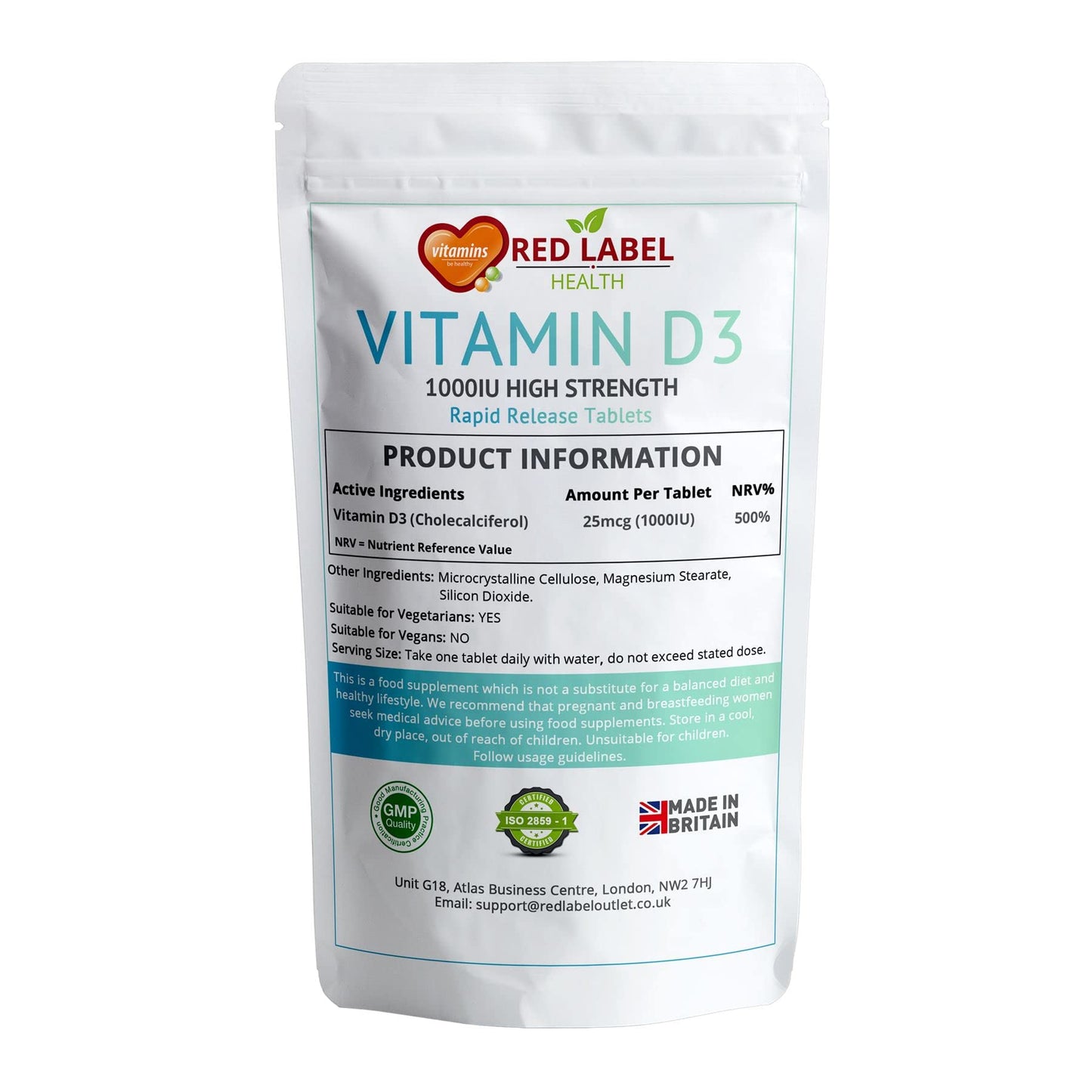 Red Label Health Vitamin D3 Tablets 1000IU, 60 Vitamin D Supplement Tablets (2 Months Supply) Healthy Teeth & Bones, Supports The Immune System for Men & Women Vegetarian Made in The UK