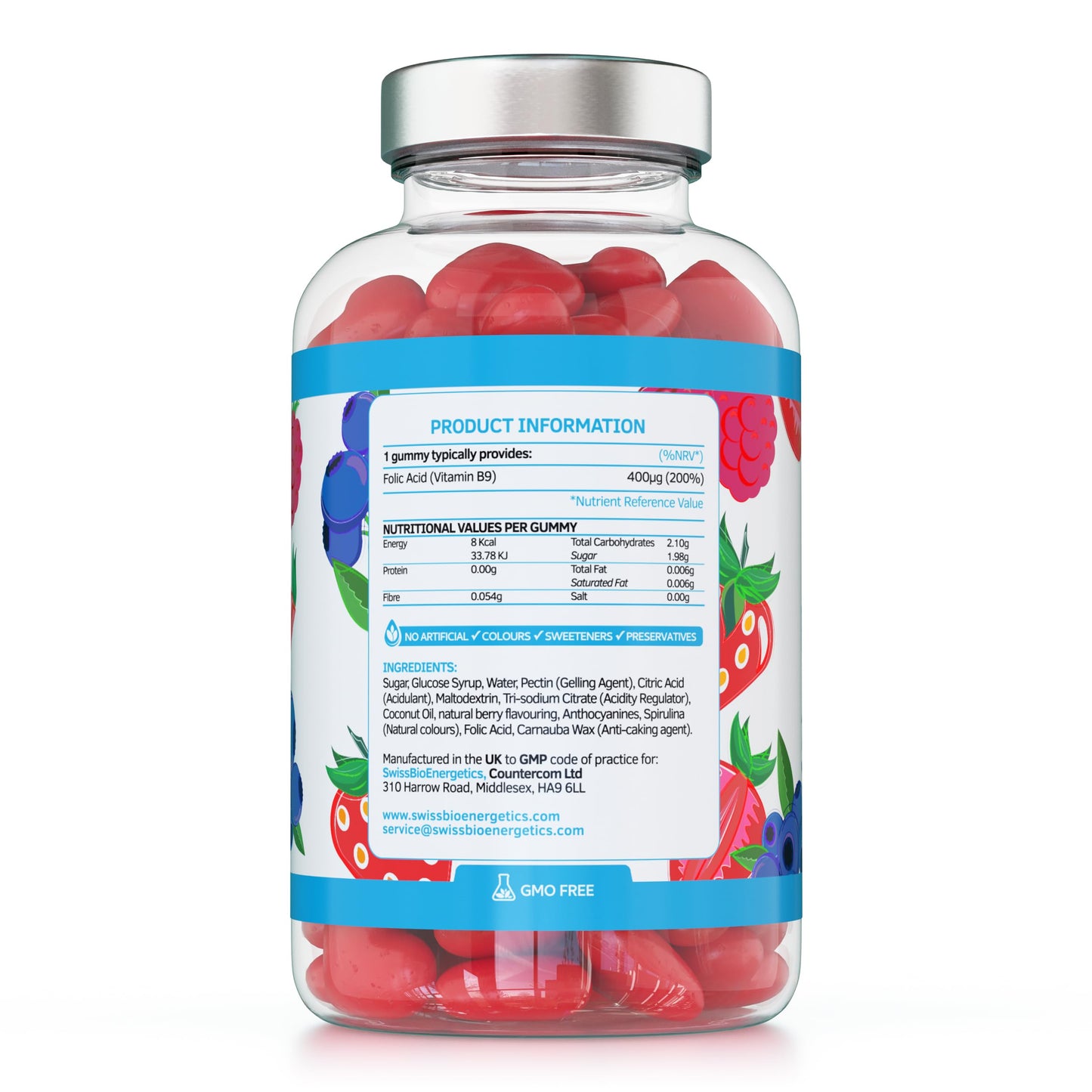 swiss bioenergetics Folic Acid Gummies - 400μg, 120 Natural Berry Flavoured & Vegan Gummies - High Strength Vitamin B9 Folic Acid Pregnancy Support Prenatal Vitamin - No Artificial Sweeteners or Flavours – UK Made