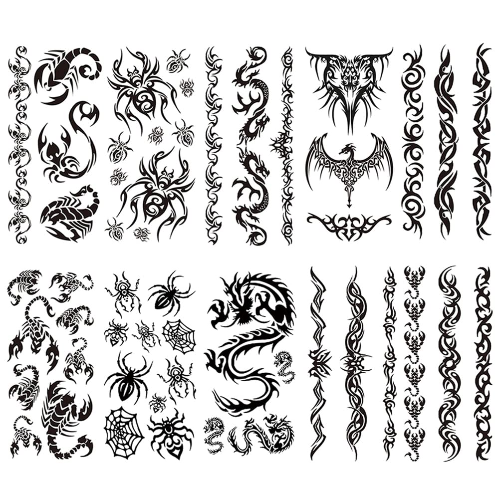 Yesallwas 10 Sheets Tribal Tattoos Spider Tattoos Dragon Temporary Tattoo Black Totem Pattern Tattoo Body Sticker for Men Women 3.54X7.48 inches (LXW)