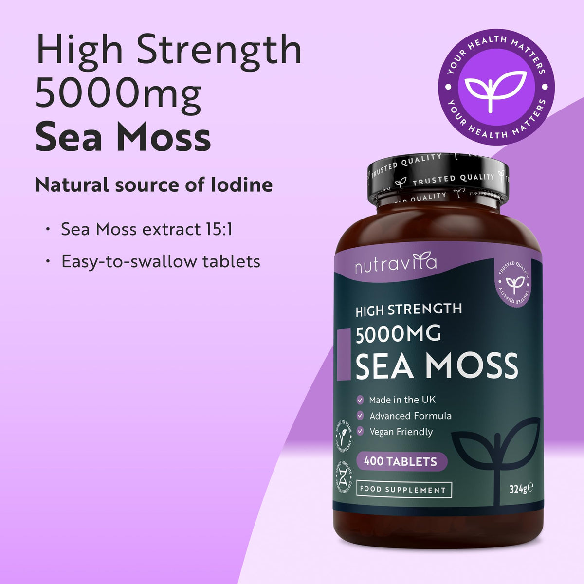 Nutravita 5000mg Sea Moss Tablets - 400 Irish Sea Moss Vegan Supplements for 6.5 Months of Supply, Contributes to Normal Energy-Yielding Metabolism, Skin & Cognitive Function (EFSA) Made in the UK
