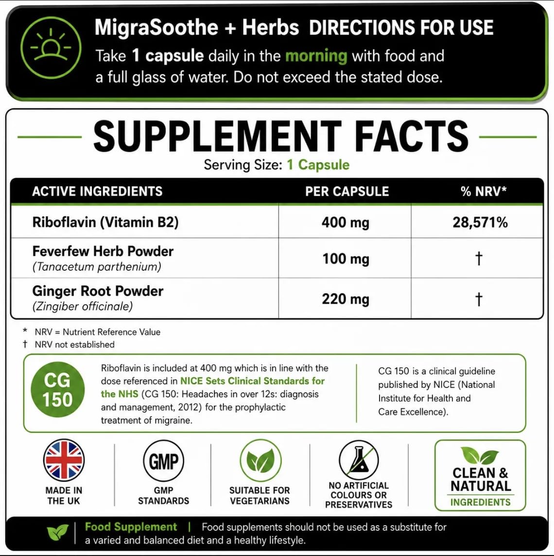 Bespoke Biotics Migraine Relief Feverfew + Ginger + Vitamin B2 Riboflavin 400mg per Capsule - Migrasoothe + Herbs NHS Recommended Ingredients UK Made Stress, Headaches Tremors & Energy Vegan. Vitamin B2 400 [60]