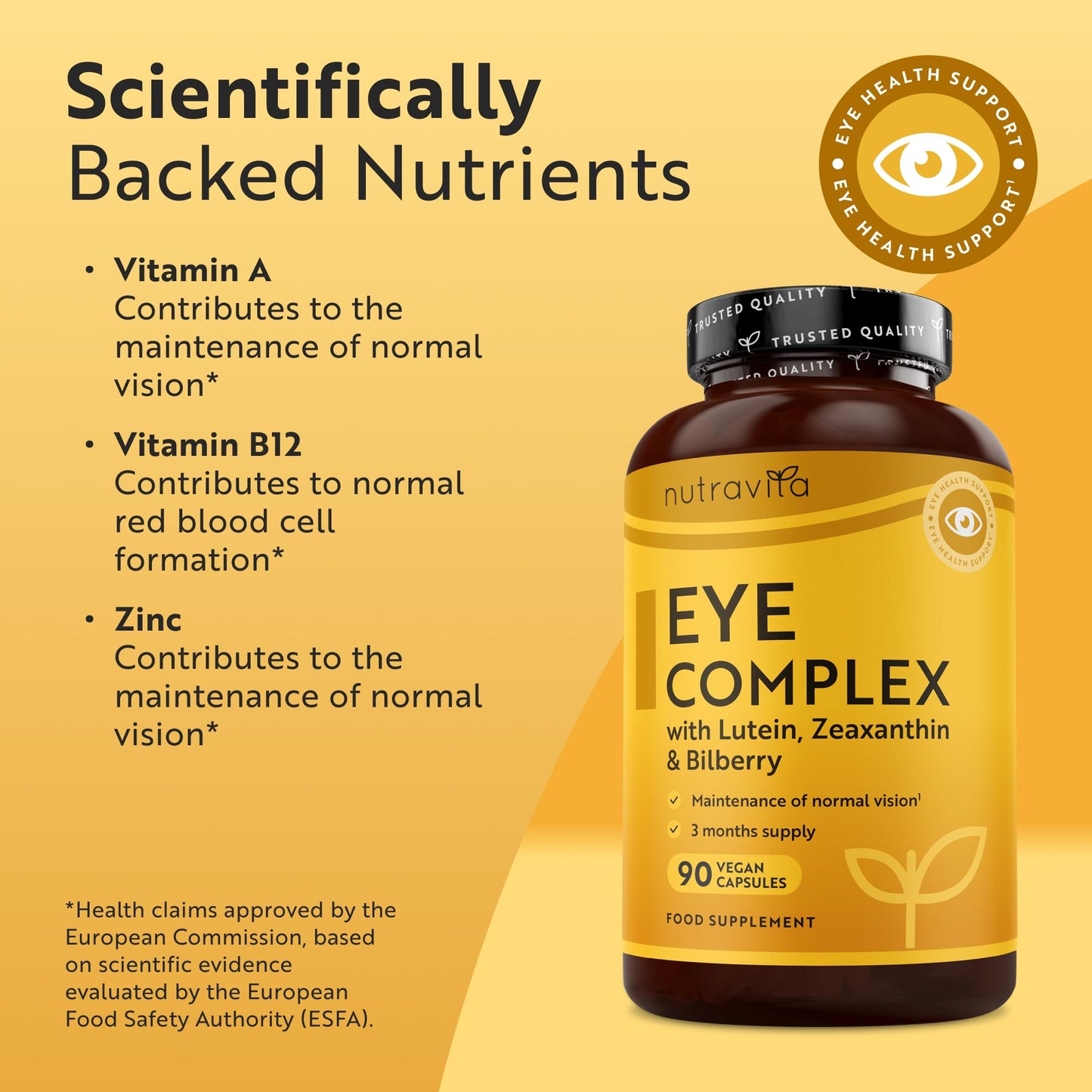 Nutravita Lutein Natural Eye Supplement – 90 Vegan Capsules - Zeaxanthin, Bilberry Extract, Vitamins A, B12 & Zinc – for Maintenance of Normal Vision – Made in The UK