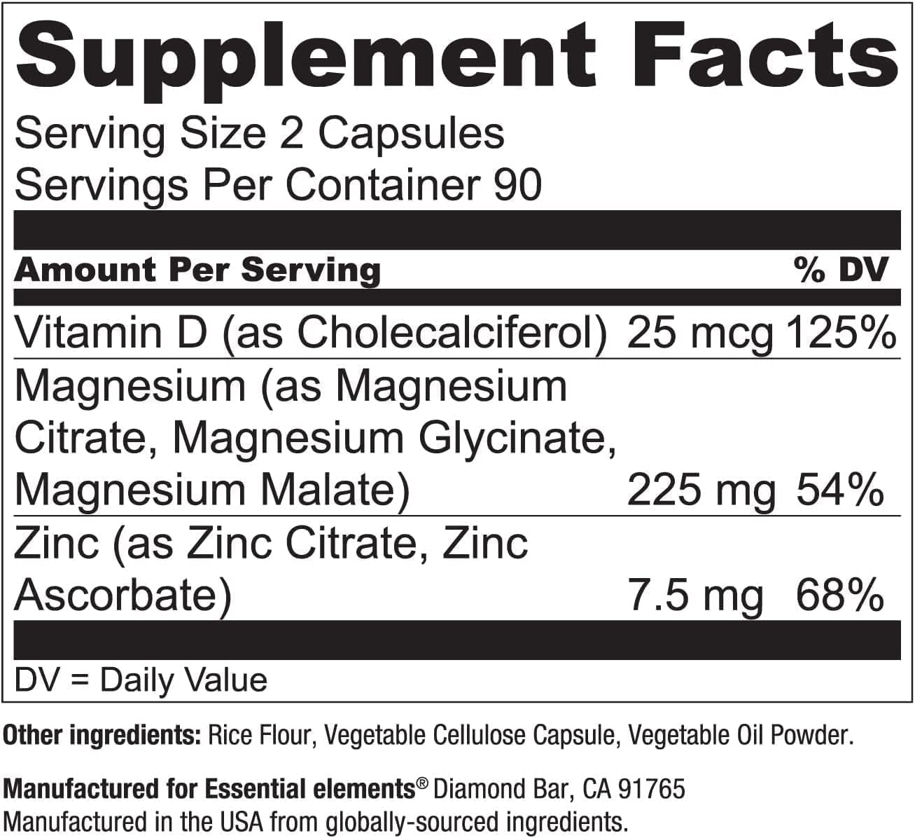 Essential Elements Magnesium & Zinc with Vitamin D3, 180 Capsules, 3 Month Supply