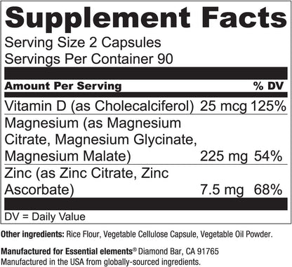 Essential Elements Magnesium & Zinc with Vitamin D3, 180 Capsules, 3 Month Supply