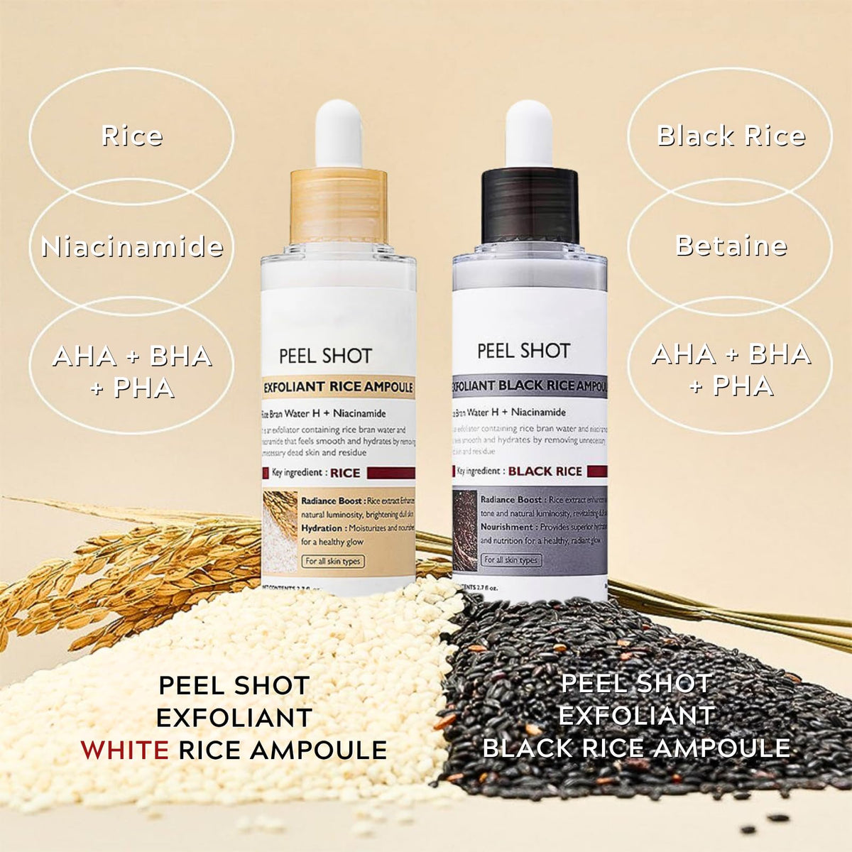 Lumiter Peel Shot Glow Rice Ampoule Duo, Face Exfoliator Rice Toner, Gentle Exfoliating Face Scrub for Blackhead Remover Dead Skin, Refines Pores, Radiant Complexion, AHA + BHA, Niacinamide, 80ml*2