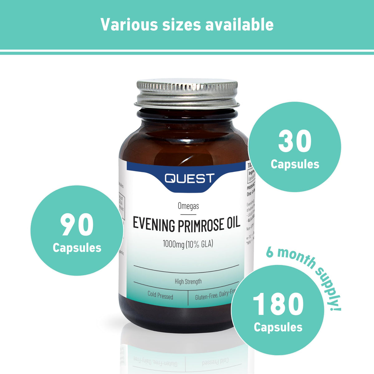 Quest Evening Primrose Oil 1000mg - 90x Primrose Oil Capsules 1000mg for Skin Support & Hormonal Balance. Cold Pressed Primrose Oil with 10% (100mg) GLA per 1000mg Capsule