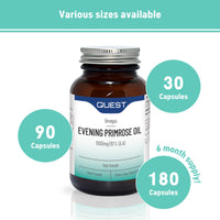 Quest Evening Primrose Oil 1000mg - 90x Primrose Oil Capsules 1000mg for Skin Support & Hormonal Balance. Cold Pressed Primrose Oil with 10% (100mg) GLA per 1000mg Capsule