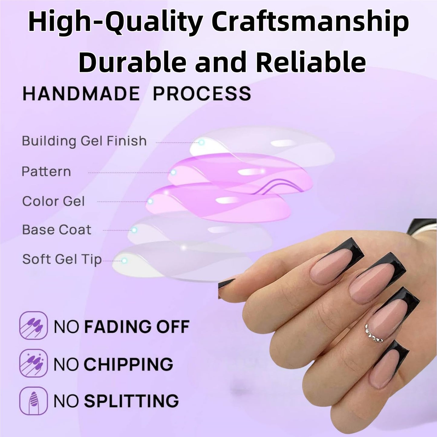 Yoowan 24pcs French Tip False Nails,Press On Nails Black,Black French Tip Na-Ils,Elegant,Black Square Stick On Na-Il,Suitable For Most Sizes,Sturdy,Durable,Reusable,For Women And Girls(With Jelly Gelatin)