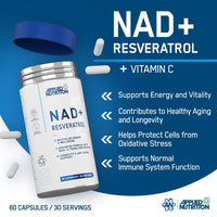 Applied Nutrition NAD+ Resveratrol 500mg per Serving with Vitamin C, Cellular Health, Energy and Healthy Aging Support, Antioxidant Supplement, 60 Capsules (30 Servings)